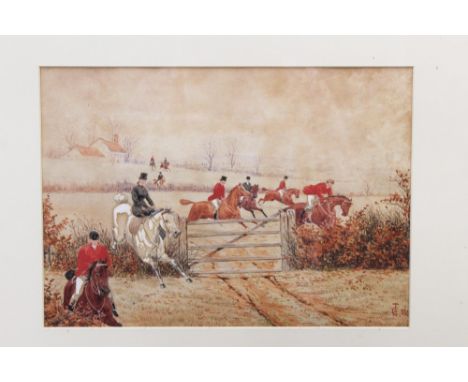 Pair Victorian English School watercolours - hunting scenes, monogrammed and dated '81, in glazed gilt frames, 23.5cm x 33.5c