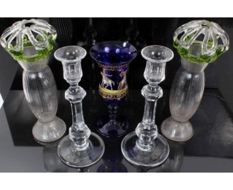 Pair of Victorian cut glass candlesticks with facet cut decoration 24cm, Bohemian blue glass goblet with enamel figure decora