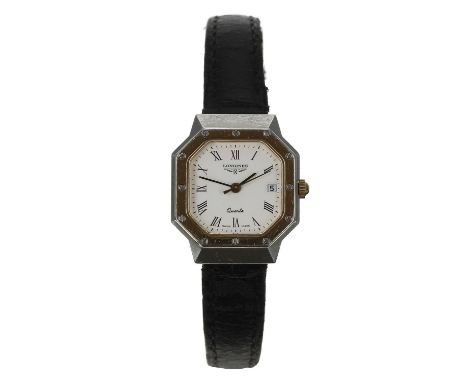 Longines Quartz octagonal two-tone stainless steel lady's wristwatch, white Roman numeral dial with centre seconds and date a