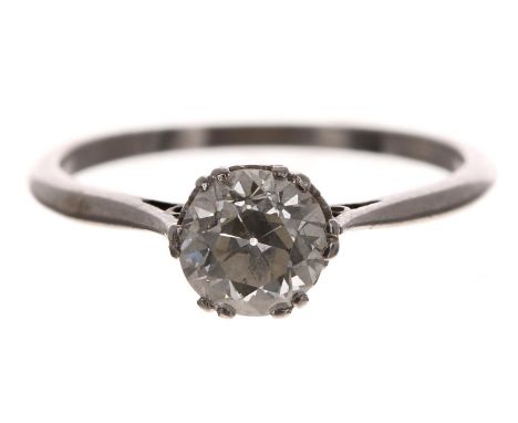 Good platinum round old-cut solitaire diamond ring,&nbsp;0.87ct approx, clarity VS2, colour I, 2.7gm, width 7mm, ring size N 