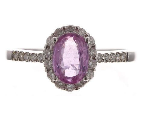 14ct white gold pink sapphire and diamond cluster ring with set shoulders,&nbsp;the sapphire 0.75ct approx, width 9mm, 1.8gm,