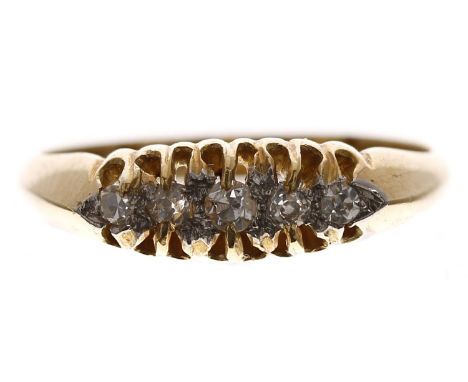 Antique 18ct yellow gold claw-set five stone diamond ring, old-cut diamonds, 0.10ct approx in total, 5mm, 3.2gm, ring size L 