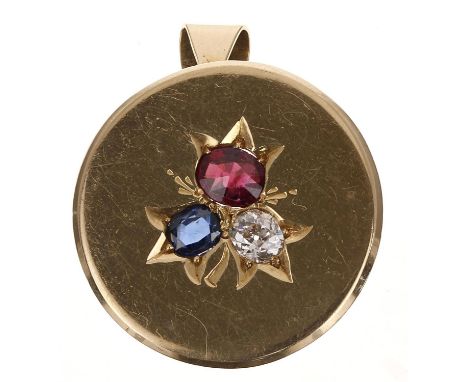 Victorian 18ct yellow gold circular pendant brooch, London 1885, set with a rose-cut ruby, old-cut diamond and old-cut sapphi