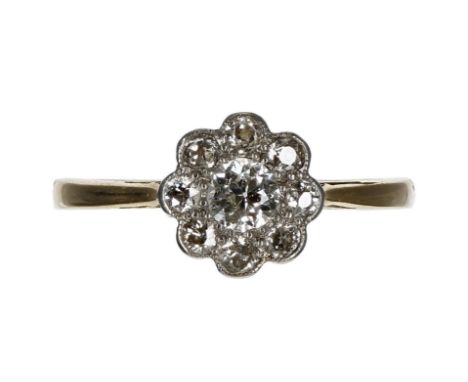 Attractive 18ct old-cut diamond nine stone cluster ring,&nbsp;the centre diamond 0.25ct approx, clarity SI, colour G, 9mm, 2.