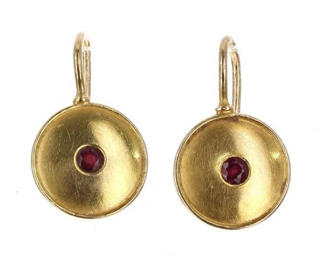 Pair of antique yellow gold circular disc earrings with hook backs, each set with a  single ruby, 4.2gm, drop 20mm-No hallmar