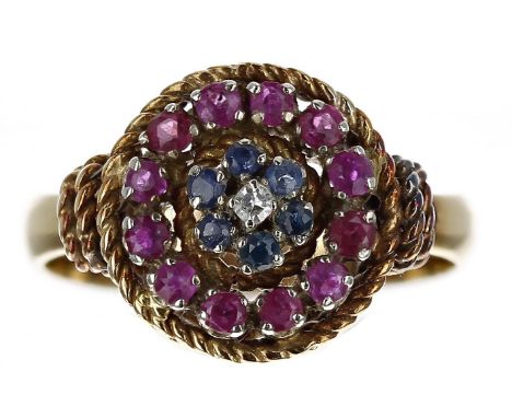 Attractive 18ct yellow gold ruby, sapphire and old-cut diamond circular cluster ring in a rope-twist setting, 5.5gm, 13mm dia