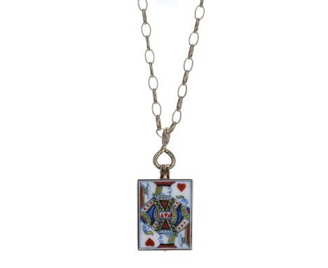 Unusual gold and enamel playing card locket pendant, of rectangular form with the the front panel depicting the 'King of Hear