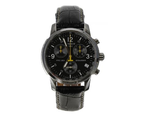 Tissot PRC 200 Chronograph stainless steel gentleman's wristwatch, reference no. T461, black dial, modern black leather strap