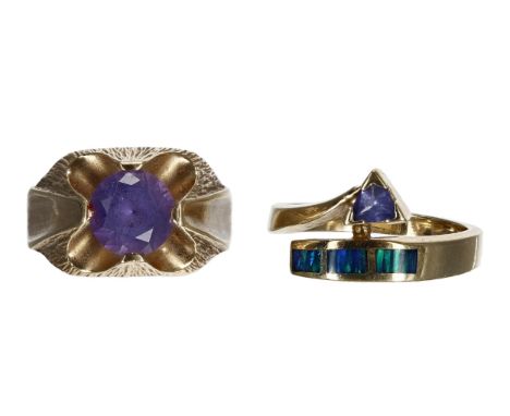 14ct yellow gold tanzanite and synthetic opal dress ring, 5gm, width 11mm, ring size N; with a 14ct single stone set amethyst