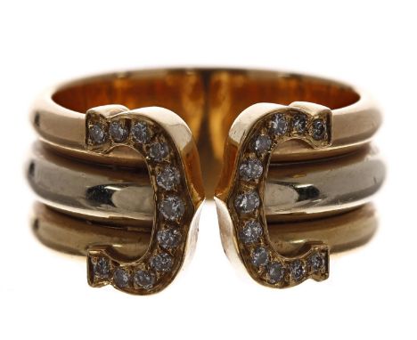 Cartier Double C 18ct bicolour diamond ring, signed, no. 78034 53, width 10.5mm, 8.7gm, ring size M/N (14) 