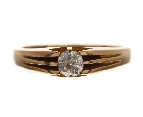 Late Victorian 18ct yellow gold old-cut diamond ring, in a split claw setting, 0.40ct approx, clarity SI1, colour J, width 5.