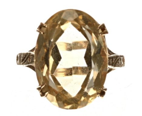 Large 9ct oval citrine single stone set ring, the citrine 10.00ct approx, 18mm x 13mm, 4.9gm, ring size P; with box 