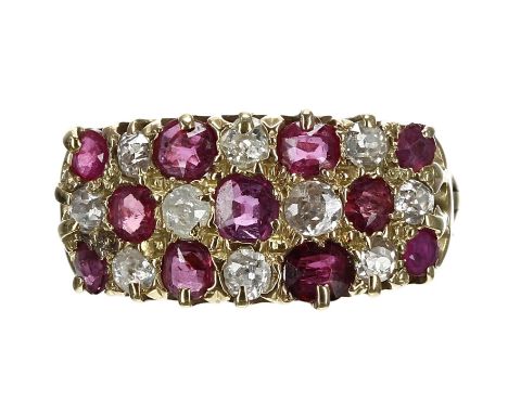 Attractive antique yellow gold ruby and diamond expanding claw-set ring, set with ten rubies and ten old-cut diamonds, 5.5gm,