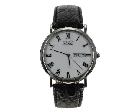 Citizen Eco-Drive stainless steel gentleman's wristwatch, reference no. E101-S015570, white dial, black lizard strap, 36mm-Bo