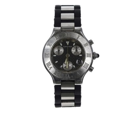 Cartier Chronoscaph 21 stainless steel gentleman's wristwatch, reference no. 2424, serial no. 7924xxx, black dial, Roman nume