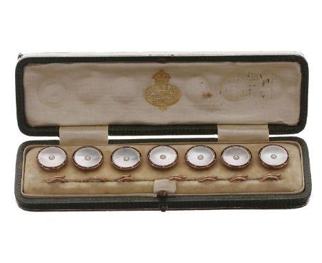 Cased set of 9ct enamelled, cultured pearl and mother of pearl gentleman's button set, comprising seven buttons with ring att