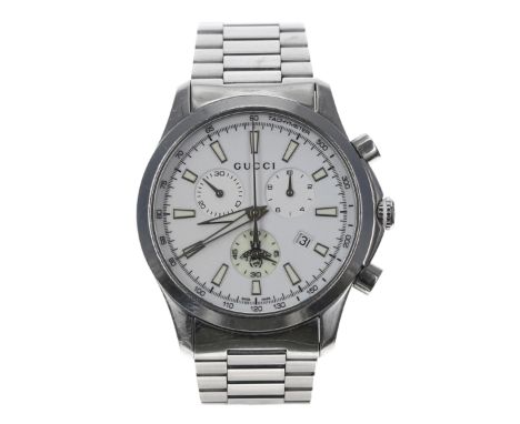 Gucci G-Timeless Chronograph stainless steel gentleman's wristwatch, reference no. 126.4, white dial with luminous constant s