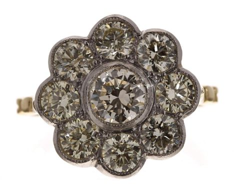 Large and impressive 18ct and platinum diamond daisy cluster ring, round brilliant-cuts, estimated 2.20ct approx in total, 16