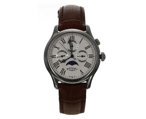 Rotary calendar moon phase stainless steel gentleman's wristwatch, reference no. GS02838/01, silvered dial, Rotary brown leat