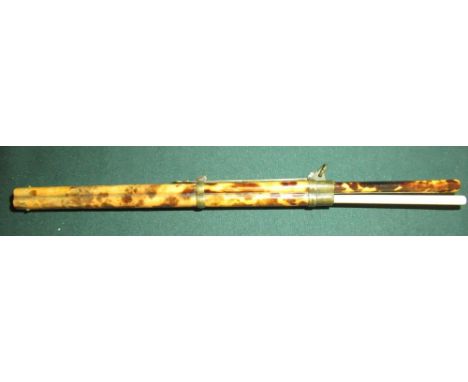 19th C Japanese Chatelaine type knife and chopstick carrier with faux tortoiseshell bamboo case, with metal mounts, with sing