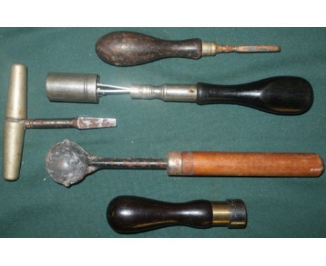 Set of five tools including lead bullet ladle, gun screw driver and a choke cleaner (quality) and a quality wax seal stamp 