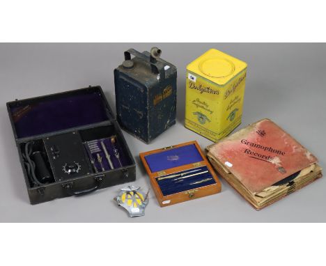 A vintage Derbyshire’s confectionery tin, 25cm high; an Esso Blue paraffin can; an “AA” car membership badge; a part set of d