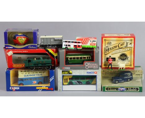 Six Corgi die-cast scale model vehicles; a Hornby railways “OO” gauge model of a G. W. R. Pannier Tank locomotive (R.041); &a