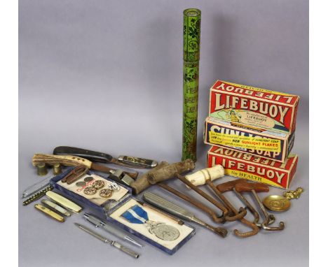 A silver Masonic regalia medal cased; &amp; Fields of Lambeth London “Field lighting tapers” tin; three vintage bars of soap,
