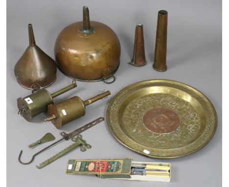 Two vintage brass spit-roasting jacks; a brass embossed circular wall plaque; &amp; various other items of metalware. 