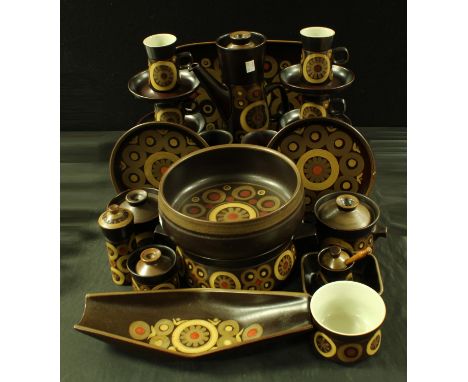 A Denby Arabesque pattern tall coffee pot, six coffee cans and saucers, vegetable dish and cover, rectangular serving platter