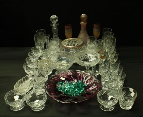 A set of six Tutbury cut glass wine glasses; other cut glass ware, drinking glasses, decanter, rose bowls, bon-bon dish, vase