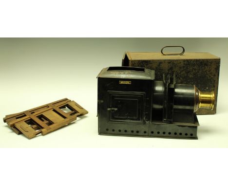 A Victorian magic lantern, retailed by Benetfink &amp; Co., Cheapside, London, E.C., labelled, typically cold-painted in blac