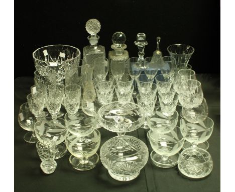 Glassware - a decanter and stopper, another, Brierley cut glass drinking glasses, other brandy balloons, pedestal fruit bowl,