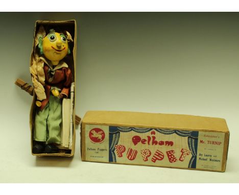 A Pelham puppet, Television's Mr Turnip, in original box, with instructions and a letter from Pelpop'