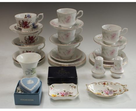 A Royal Crown Derby Posie pattern trinket tray, boxed; another; a Wedgwood Jasperware trinket pot and cover, boxed; two Staff