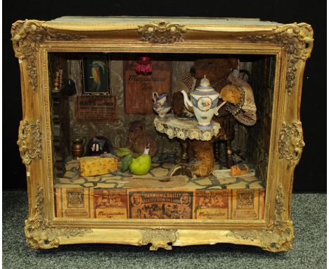 An unusual  automaton, Teddy Bear making tea,  framed 