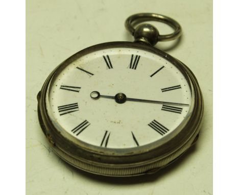 A 19th century pocket pedometer, 4cm enamel dial with Roman numerals, engine turned to verso, 6.5cm over loop, c.1885