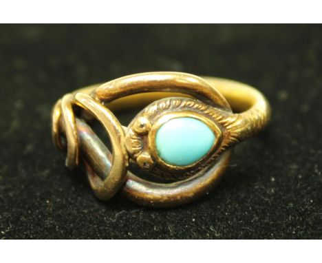 An unmarked gold coloured metal snake signet ring, set with a single polished  turquoise blue stone, (tests as 18ct gold) 6.1