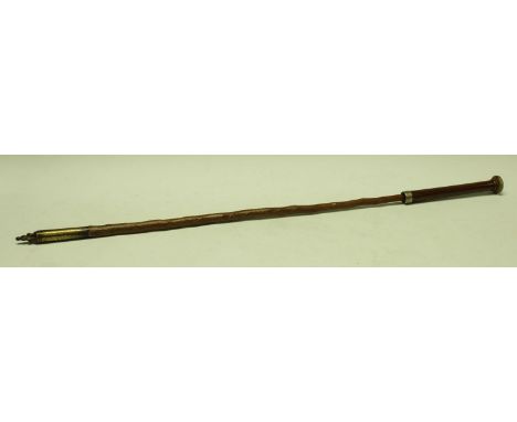 A Spanish makila walking stick, horn knop handle, wooden grip and shaft, brass and iron shoe and ferrule, 89cm long, Basque r