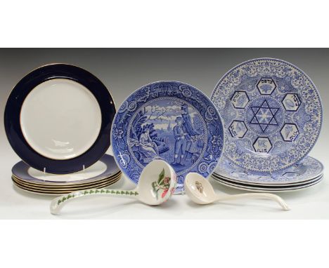 A set of five Spode The Judaica Collection blue and white transfer printed plates, 32cm diameter; a Spode The Blue Room Woodm