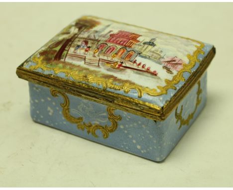 A George III South Staffordshire enamel rectangular table snuff box, the hinged cover painted with a stylized Venetian rivers