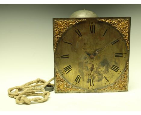 A George III longcase clock movement, 12in (31cm) square brass dial with cast brass spandrels, Roman chapter with Arabic minu