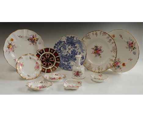 A Royal Crown Derby 1128 pattern tea plate; a Blue Aves pattern shaped dessert plate; a Royal Pinxton Roses pattern tea plate