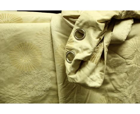 Textiles - a large pair of cream damask interlined curtains, eyelet topped
