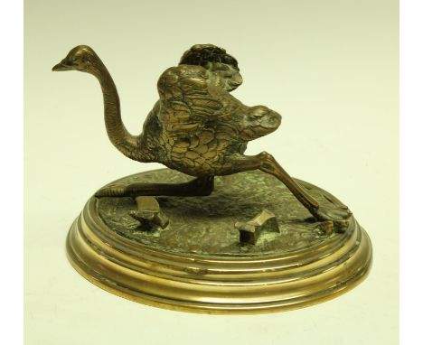 A 19th century French bronze animalier novelty inkwell, cast as an ostrich, hinged cover, oval base, 18.5cm wide, c. 1870