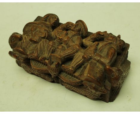 A large carved treen table snuff box circa 1860. 16cm wide 
