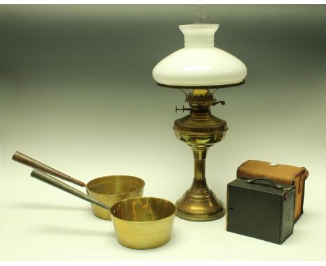 Boxes and Objects - a brass oil lamp and shade; two jam pans; a Kodak 116 box camera