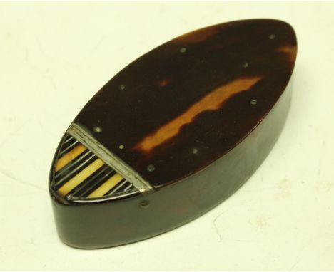 A George III navette shaped tortoiseshell snuff box, circa 1780. 
