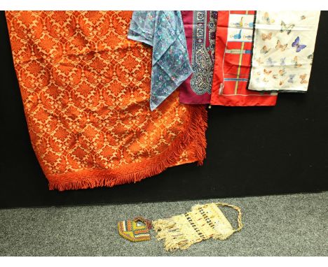 Textiles - an Italian silk scarf; an RSPB butteryfly scarf; other ladys' silk scarves; an Indian bed cover; a beadwork woven 