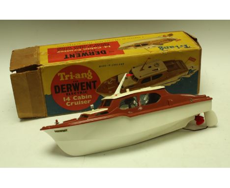 A vintage Triang Line Brothers Boats electric 414S 14 inch The Derwent Cabin Cruiser, two tone brown and white body, red prop